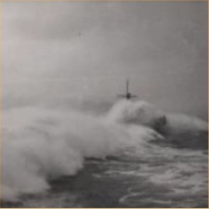 Arctic convoy ship engulfed by waves.
