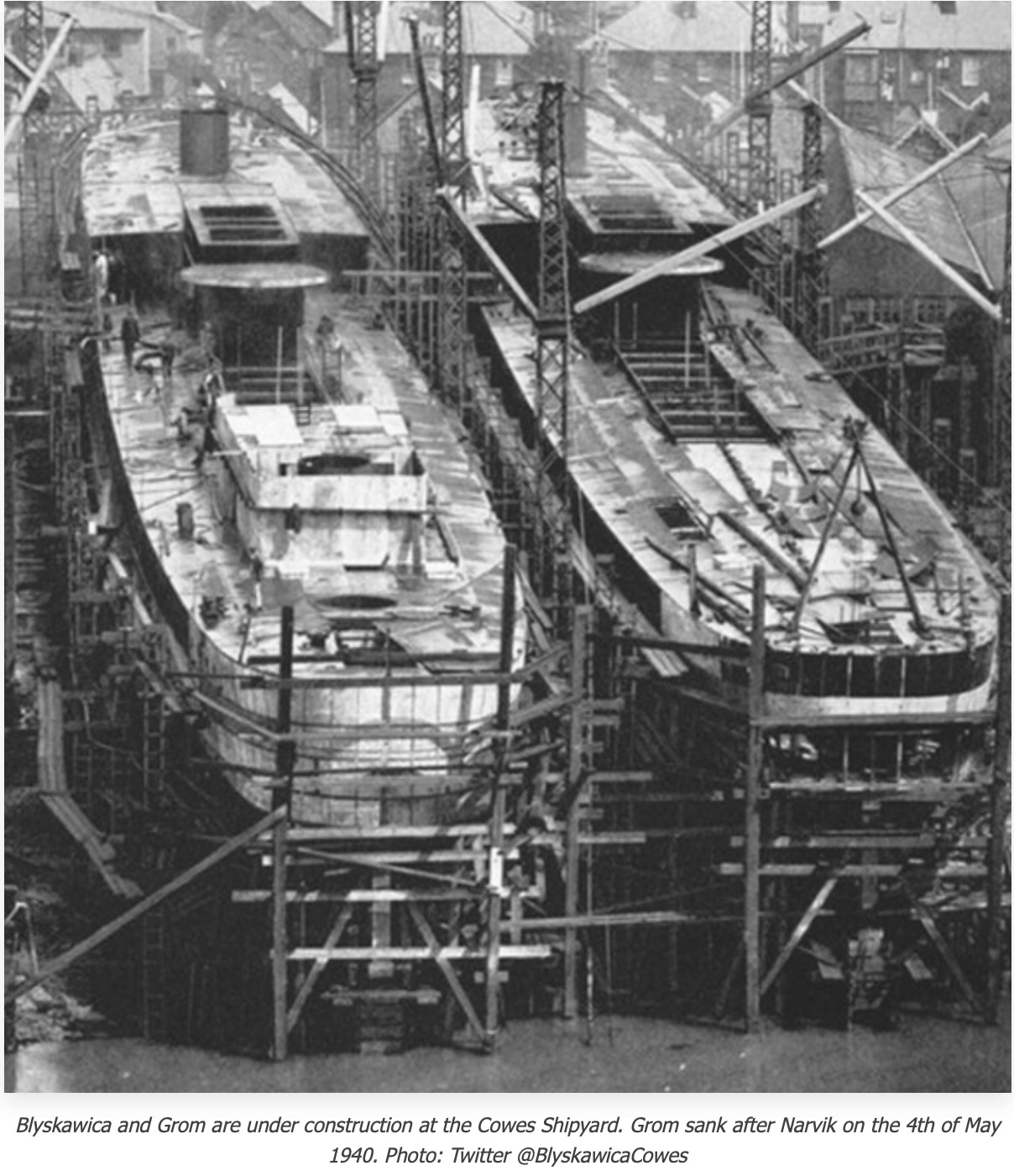 ORPs Grom and Błyskawica under construction at J. Samuel White's shipyard in East Cowes.