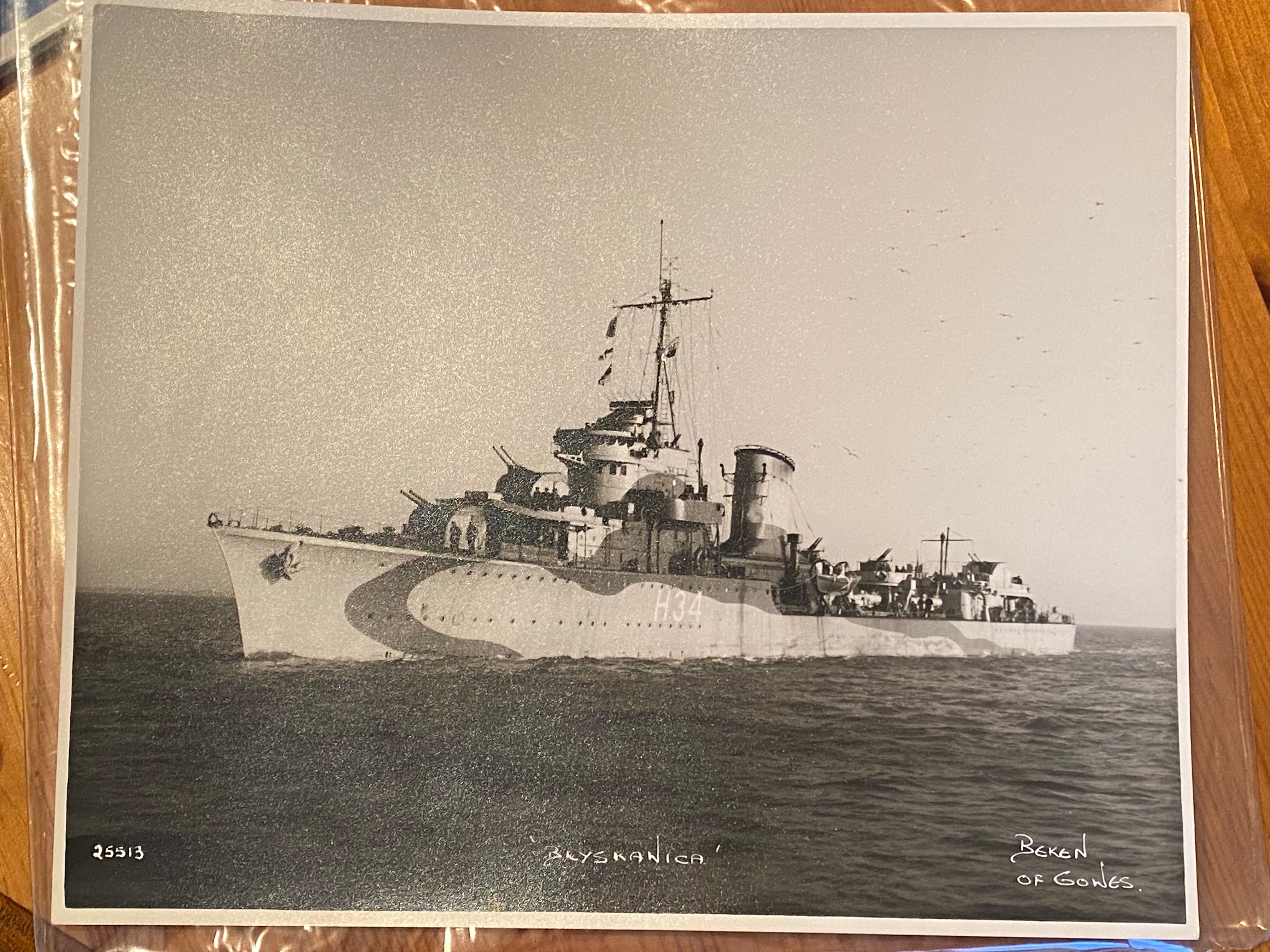 Błyskawica at sea with identification H34 and in camouflage paint.